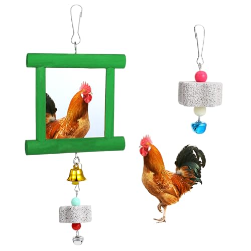 Chicken Mirror Toys with Bells, Hanging Swing Mirror, Wooden Pecking Toy, Beak Grinding Molar Stones for Hens, Birds, Parrots, Xylophone, Sepak Takraw Toy
