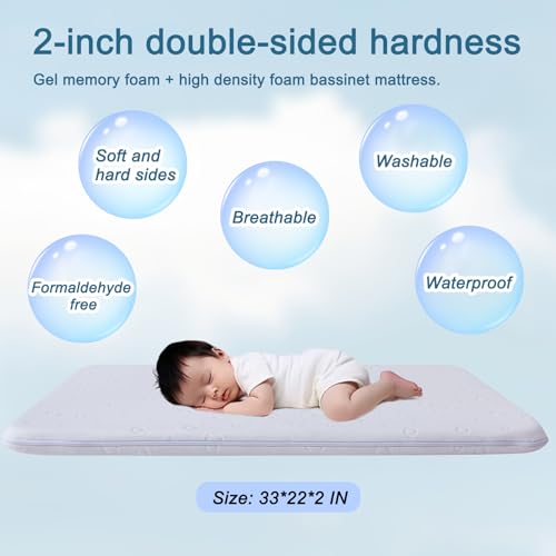 Baby Bassinet Mattress Pad, 47" x 23.6" x 2" Dual Sided Gel Memory Foam Mattress with Breathable Removable Soft Cover Fit for ADOVEL/BabyBond/ELEMARA Bassinet Bedside Crib - size: Rectangle 47" x 23.6" x 2"