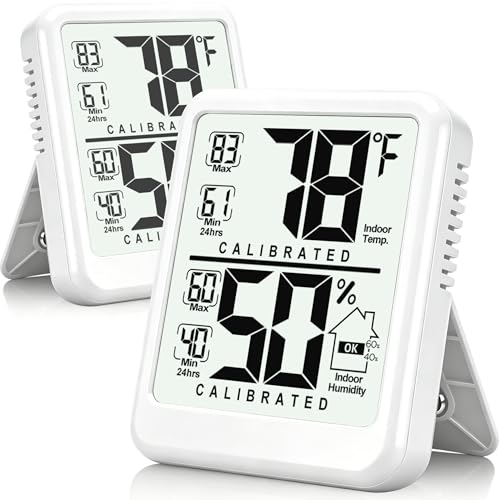 2 Pack Room Thermometer Indoor Hygrometer with Max/Min Record | W/ Battery, 24h Max/Min Record, Accurate Sensor, Fast Refresh, Easy to View, ℉/℃, Durable Kickstand, Compact, for Home Office - color: White (New Version)