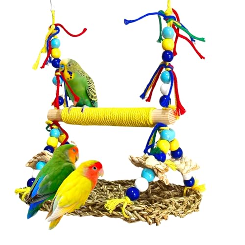 Parakeet Swing Toys Natural Bird Grass Mat,Parrot Swing Perch | Parrot Climbing Hammock With Chew Toys For Cockatiel, Sun Conure, Lovebird, Budgie
