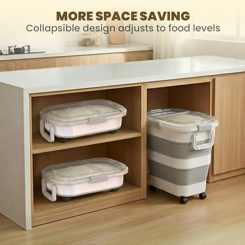 HOYTAMDA 25-35Lbs Rice Container,Collapsible Food Storage Container Wheels | Rice Storage Container with Transparent Airtight Lid,Handle,Small Bin&Scoop,Rice Dispenser for Flour Sugar Grain Dog Cat - color: Clear/25-35lbs