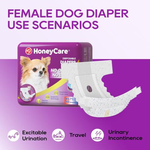 HONEY CARE All-Absorb Disposable Female Dog Diapers Extra Small Size, Improved, 50 Count, Super Absorbent, Breathable, Wetness Indicator (Pack of 1, 50 Count Total) - size: X-SMALL(Pack of 1)