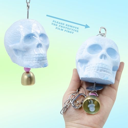 Skull Bird Toy - Natural Calcium Mineral Beak Grinder with Jingle Bell - Small Bird Cage Accessory for Parakeets, Budgies, Cockatiels, Lovebirds, Finches