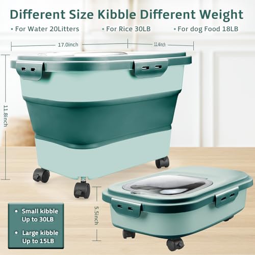 Rice Storage Containers, Collapsible 20 to 30Lbs Food Storage Bin Dispenser with Rolling Wheel and Clear Airtight Lid, BPA Free Flour, Sugar, Cereal and Dog Cat Pet food Containers - color: Green