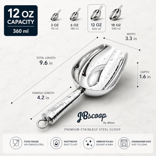 JBscoop Stainless Steel Scoop for ice, 9.6 Inch Metal Food Scoop Kitchen Bar Party Wedding Heavy Duty Dishwasher Safe - 8 Oz - size: 8 Oz