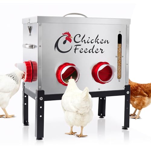 40LB Metal Chicken Feeder, Rat Proof Automatic Chicken Feeder with Visible Window & 6 Ports, Galvanized No Waste Poultry Feeder for Chickens, Ducks, Geese - size: 40 LBS