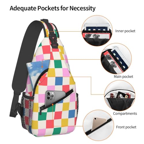 Rainbow Checkered Sling Bag for Women, Crossbody Bag Colorful Sling Backpack for Men, Casual Shoulder Bags Lightweight Gym Outdoor Sports Travel Hiking Fishing Daypack - color: Rainbow Checkered