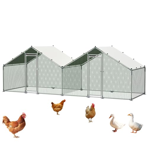 Large 2 Spire Roof Metal Chicken Coop 20×6.72×6.66FT with Run,Water-Resident Poultry Fence with Upgrade Wire Mesh and Anti-UV Cover,Walk-In Hens Pen for Yard,Outdoor Chicken Cage for Duck,Rabbit House - size: 240.0"L x 80.0"W x 79.0"H
