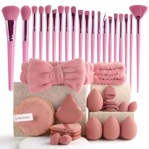 40 PCS Professional Makeup Brush Tools Set, Cosmetic Brush Sponge, Puff, Headband, Brush Cleaning Bow Set, Facial Makeup, Cleaning Accessories, Makeup Products, Valentine Day Item (Purple&Pink-40PCS) - color: Purple&Pink-40PCS