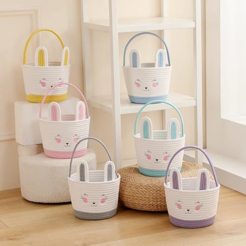 Easter Baskets for Easter Egg with Handle Woven Empty Hunt Boys' Lovely Bunny Rabbit Colorful Woven Basket First Easter Gifts for Boys, Babies, Kids, and Children (Yellow) - color: Yellow