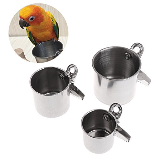 Bird Feeder Stainless Steel Bowls for Cage Parakeet Food Dish Parrot Water Cups with Clip for Canary Lovebird Bird Seed No Waste - size: Large