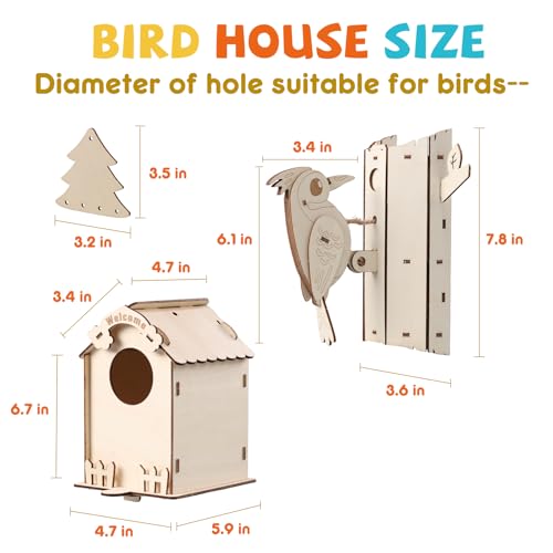 JMMICO Paint Your Own BirdHouses, Wooden Painting Crafts Kits for Kids, Wooden Woodpecker Doorbell & DIY Bird House for Outside, Arts and Crafts for Kids, Easter Gifts for 8-12 Year Old Girls Boys - size: 2PCS