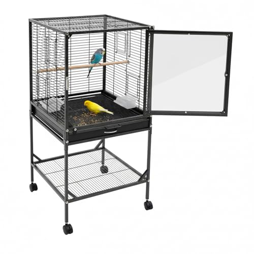 Bird Cage, 17.95 x 17.95 x 38 Inch Mobile Bird Flight Cage Large Metal Parakeet Cage w/Slide-Out Tray & Storage Shelf for Budgerigars Lovebirds Kea Parrots & Sun Conures - color: Black, size: 18.0"L x 18.0"W x 38.0"H