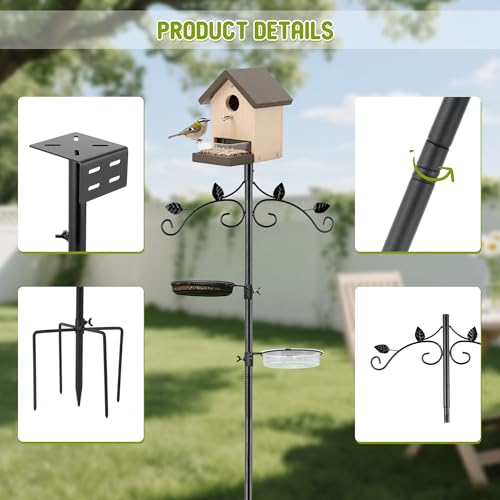 ERYTLLY Bird Feeder Pole Stand, 91 Inch Bird House Pole with 5-Prong Base Shepherds Hook for Hummingbird Feeders, Adjustable Bird Feeder Stand with Water Bowl Metal Mesh Tray for Outdoor Garden Decor - size: 91 in with Hooks and Feeders Kit