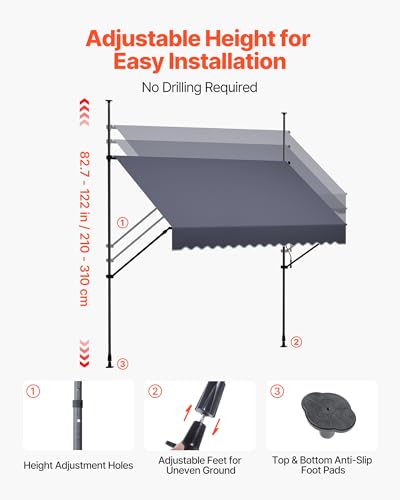 VEVOR Manual Retractable Awning, 98" x 59" Outdoor Patio Awnings Sunshade Shelter with 43"-59" Retractable Side Bar, No Drill Height Adjustable, Crank Handle for Backyard, Balcony, Dark Gray - size: 98x59 in