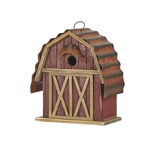 Glitzhome 10.25" H Hanging Birdhouse Washed Red Distressed Solid Wood Barn Decorative Outdoor Garden Bird House - color: Washed Red