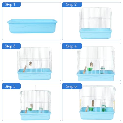 Small Bird Cage for Travel, Parrot Carrier with Handle 9.5"L x 12"W x 12"H | Sturdy, Easy to Clean & Install, Birdcages with Trays, Standing Perch, Feeder Cups for Smaller Birds Lovebird Parakeets, Blue - color: Blue