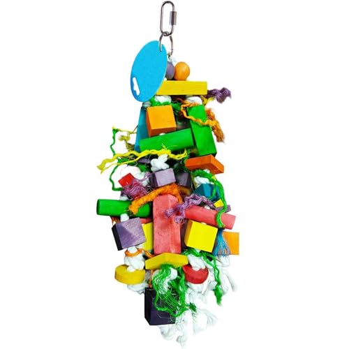 SunGrow Parrot Toy – Bird Foraging & Chew Toy with Wooden Blocks and Cotton Rope, Hanging Cage Accessory for Conures, Budgies, Parakeets & Other Small Birds