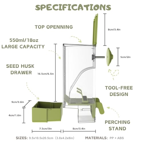 Bird Feeder Water Dispenser Set, Automatic Cage Feeder with Perch for Parakeet Canary Cockatiel Finch Budgie (Green)