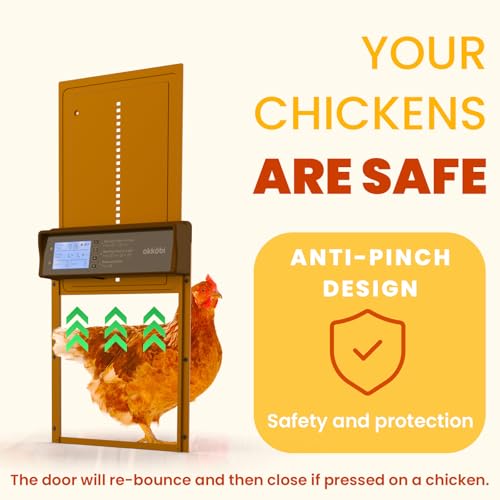 Okkobi Automatic Chicken Coop Door Solar Powered - Poultry Coop Door with Remote Control, Timer & Light Sensor - LCD Display - Anti-Pinch Function - 5-Year Protection - Brown | Weatherproof aluminium with anti-pinch protection, timer function and battery
