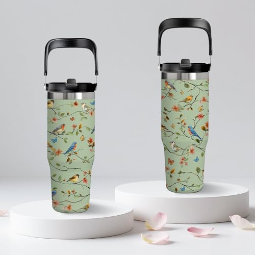 Birds Gifts for Women - 30oz Floral Tumbler with Straw Lid, Flower Aesthetic Insulated Tumbler, Leak-proof Stainless Steel Hummingbird Insulated Cup For Girls, Mom - Chinoiserie Birthday Gift Cup - color: Bird1