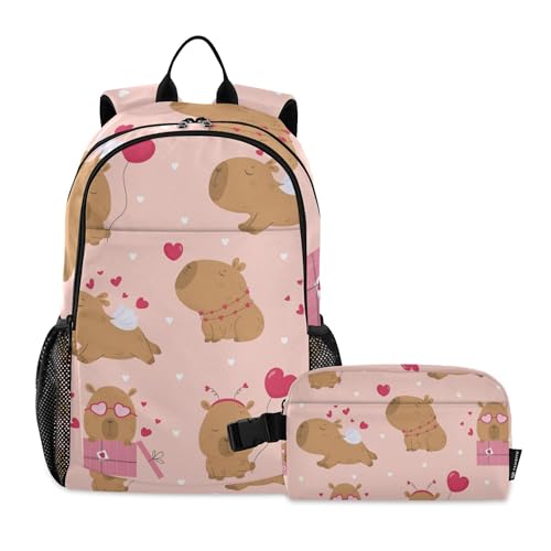 Lovely Capybara Backpack with Lunch Bag, School Backpack for Teens Boys Girls Kids Travel Backpacks Set - color: Red