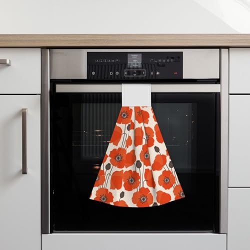 Poppy Flower Hanging Kitchen Towels with Loop, Set of 2 | Soft absorbent microfiber • Quick drying • Hanging loop • Ideal for kitchen, bathroom & coffee bar - color: Red Poppy Flowers