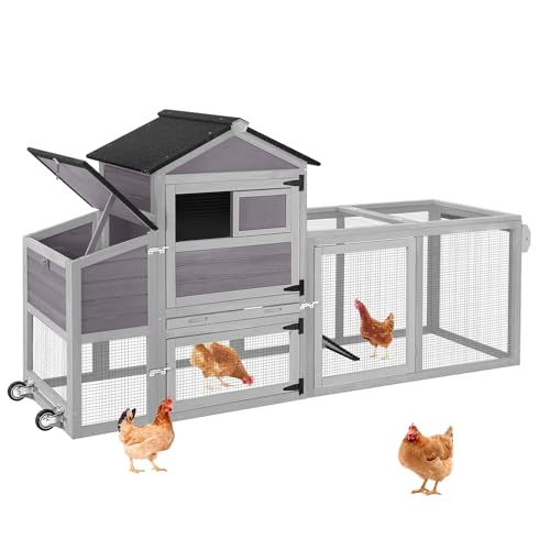 Large Chicken Coop with Wheels, Wooden Hen House with Run & Nesting Box, for 3-5 Chickens, Waterproof Asphalt Roof, Ramp & Leakproof Tray, Expandable - Grey - color: Grey (AIR72)