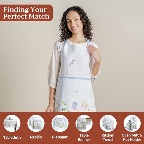 Maison d' Hermine Aprons for women with Pocket 100% Cotton (27.50"x31.50") | Adjustable Neck Strap & long ties Apron Men Chef Wedding Cooking Gardening Server Maid - color: 014 - Fleurs De Mai