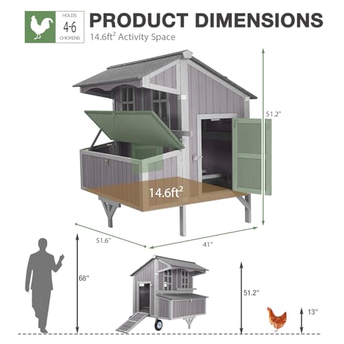 Extra Large Chicken Coop with Super Large Wheels, Mobile Hen House Poultry Cage with Strong Iron Frame, Outdoor Chicken House with 3 Nesting Boxes, 3 Perches for 4-6 Chickens