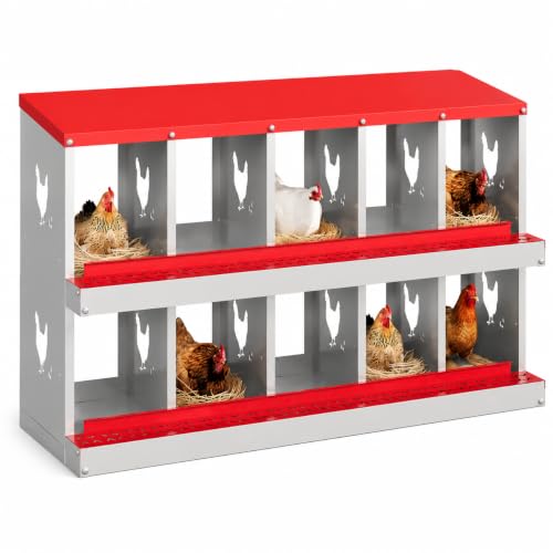 Galvanized Steel Chicken Nesting Box 10 Grids, Metal Egg Laying Boxes for Hens with Hinged Lid and Ventilated Design, Easy Clean Poultry Nest Box for Chicken Coop Accessories, Red, No Legs - color: Red, size: 10 Holes no Legs