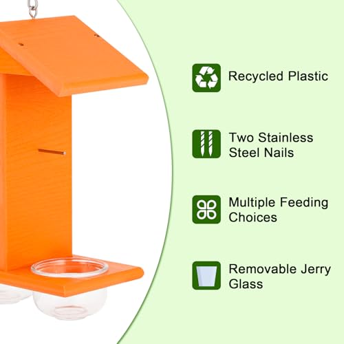 Gbekery Oriole Feeders for Outdoors Hanging,All-in-One Recycled Plastic Oriole Feeder with Two Removable Glass Cups Jelly or Jam, Fruit, Nectar or Seed for Orioles,Orange,1 Pack - size: 1 Pack with two cups