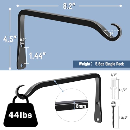 2 Pack 8 Inch Hanging Plant Bracket Wall Hooks Decorative Plant Hangers for Outdoor Hanging Bird Feeders, Wind Chimes, Plant Baskets, Black - color: Black-L, size: 8 Inch