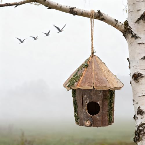 Wooden Bird House 7.09x5.12x5.51in Hanging Birdhouse with Predator Guard for Outdoor Garden Backyard Decor