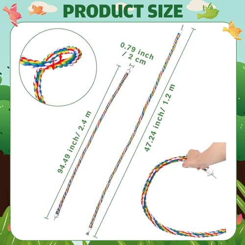Gemscream 2-Piece Bird Rope Perch and Swing, 94.5'' and 47'' Spiral Bird Ladder for Cockatiels, Parrot Swing Climbing Toys with Bell