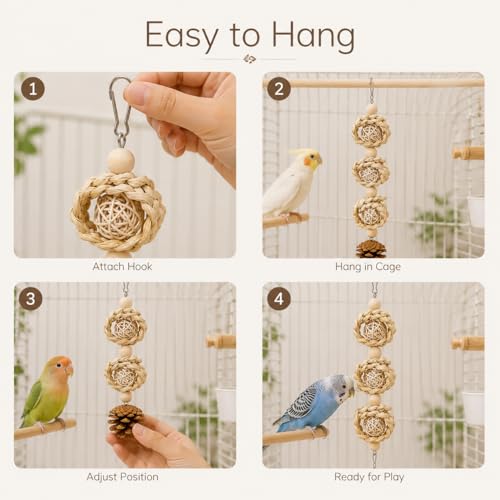 3 Pack Bird Toys for Small Birds, Texture-Rich Shredding & Chewing Toys with Sola Ball, Rattan Balls, Pumice Stone and Pinecone, Hanging Cage Toys for Budgies, Cockatiels, Lovebirds and Small Conures - size: 3 Pack
