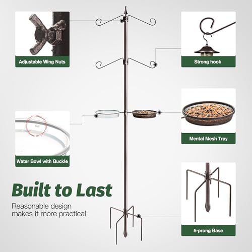 Bird Feeding Station Kit, 81-Inch, 4-Hook Metal Bird Feeder Pole | Bird Bath Bowl, Mesh Seed Tray, Freestanding 5-Prong Base, Removable Parts, Easy Assembly, for Patio, Lawn and Garden - size: 81 Inches without Squirrel Baffle
