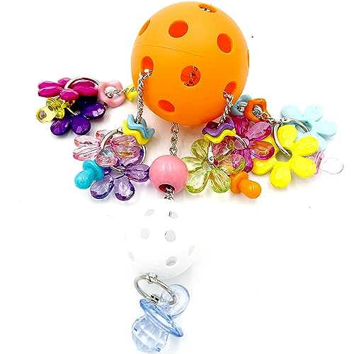Pullable Bird Plastic Ball Toys with Acrylic Pacifiers and Flowers, Colorful Parrot Toys for Medium and Large Parrot Quaker Monk Parakeet Sun Conures (Orange) - color: Orange