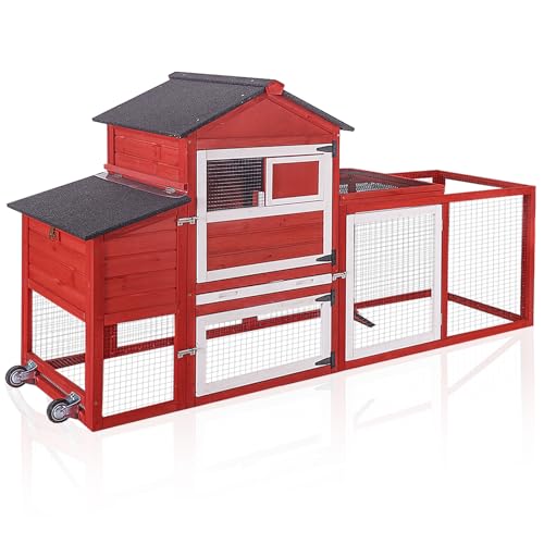 Aivituvin Large Chicken Coop with Wheels, Outdoor Hen House Mobile Poultry Cage with Run, Weatherproof Asphalt Roof, Sectionable Nesting Box, Leakproof Pull-Out Tray for 4-6 Chickens - Red