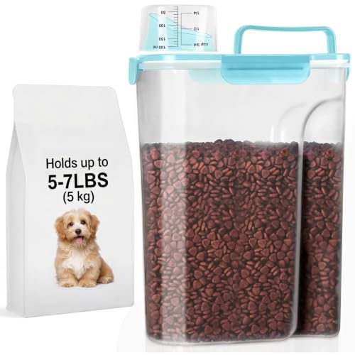 LEAWALK 5-7Lbs Cat Dog Storage Container, Portable Pet Food Containers with Upgraded Large Spout and Cup, Small Animal Kibble Dispenser for Bird Seed, Oatmeal, Rice, Flour-Clear Blue - color: Clear Blue, size: 5L-1pack