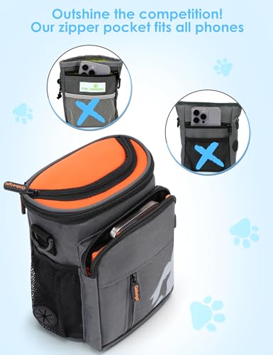 8 Cup Dog Treat Pouch with Training Clicker(Gray & Orange) | 3 Ways to Wear/Built-in Poop Bag Dispenser/Zipper Front Pocket Phone Friendly Treat Bag for Pet Training & Walking - color: Gray & Orange