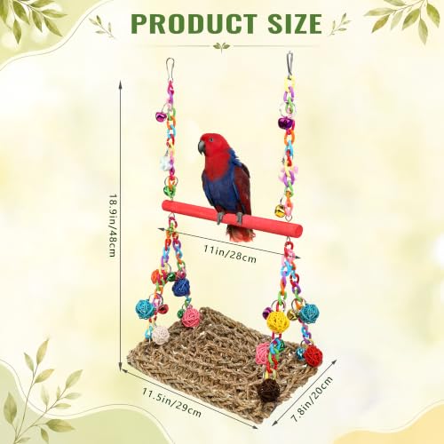Bird Swing Mat with Wood Perch, AHIER Seagrass Bird Hammock for Conures with Chewing Toy for Parakeets, Budgie, Cockatiel Cage Accessories (Rose-Pink Pole) - color: Rose-Pink Pole
