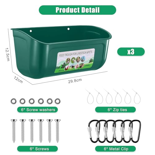 Chicken Feeder Waterer, 3 Pack Duck Feeder Supplies, Hanging Fence Feed Trough with Clips for Goat, Sheeple, Piglet, Gooses, Turkeys, Dog Livestock Poultry,Green - color: 3 pack Green