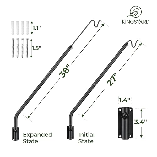 Kingsyard Heavy Duty Wall Mounted Deck Hook, 27"-39" Adjustable Metal Plant Wall Hanger for Hanging Bird Feeders, Planters, Lanterns, Wind Chimes, Wall Mounted - size: 27"-39" Wall Mounted