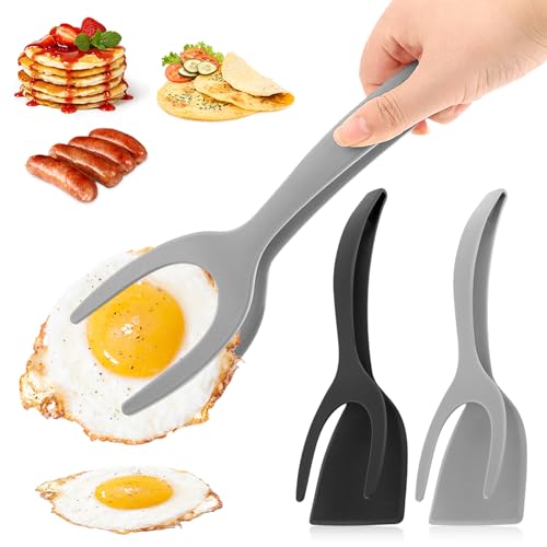 2 in 1 Egg Flipper Spatula, Non-Stick Grip and Flip Spatula Tongs for Pancakes, Omelets, Fish, Eggs, Burgers, Steaks, Heat Resistant Cooking Tool for Kitchen use (Black+Grey) - color: Black+Grey