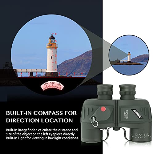 AOMEKIE 10x50 Waterproof Marine Binoculars for Adults with Rangefinder Compass BAK4 Prism FMC Lens for Birdwatching Hunting Boating Fishing Water Sports(Green) - color: Green