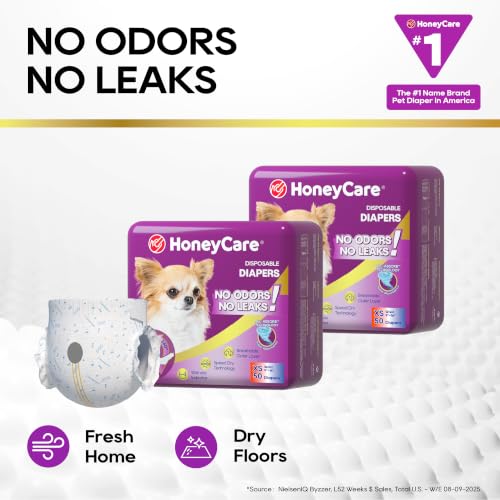 HONEY CARE All-Absorb Disposable Female Dog Diapers Extra Small Size, Improved, 50 Count, Super Absorbent, Breathable, Wetness Indicator (Pack of 1, 50 Count Total) - size: X-SMALL(Pack of 1)
