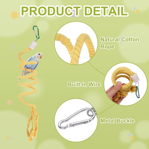 Bird Rope Perch Swing, Spiral Rope Perch Standing Pole Accessory Climbing Swing Paw Grinding 59 Inch, (Yellow) Intended for Parrot/Parakeet/Budgies/Cockatiels/Lovebirds - color: Yellow, size: 59 Inch