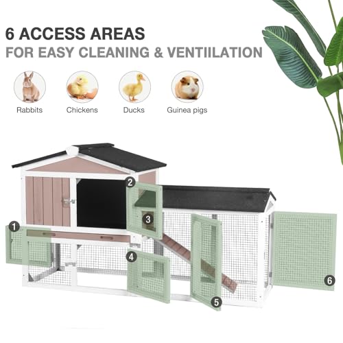 Chicken Coop with Run for 2 Chickens, Outdoor Wooden Hen House with Leakproof Pull-Out Tray, Weatherproof Roof, 6 Access Doors-Brown