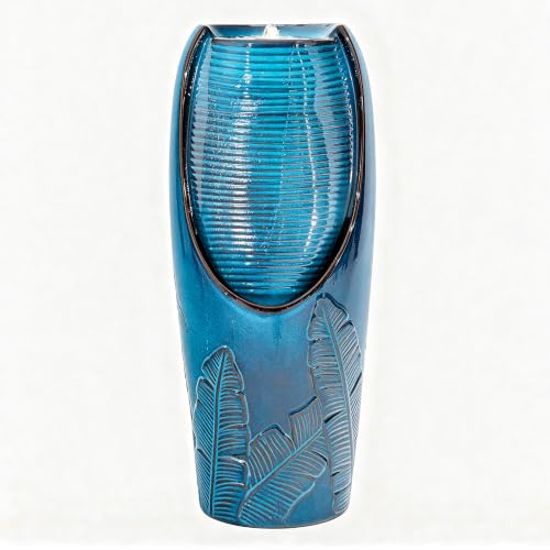 Autodaya 33" H Ceramic Jar Outdoor Water Fountain, Banana Leaf-Texture | Artisan High-Fired Glaze, Warm Ambient LED Lighting, Upgraded Pump, Soothing Cascading Water Feature For Garden Patio Yard - color: 32"h-leaf Pattern Teal Blue Glaze
